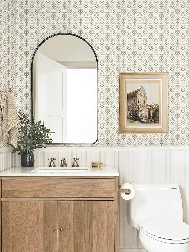Dimoon 17.3''x197'' Peel and Stick Wallpaper Floral Beige Boho Neutral Cute Contact Paper Vintage Village Country Cottage Wallpaper Farmhouse Renter Friendly Geometry Waterproof Kitchen Bedroom