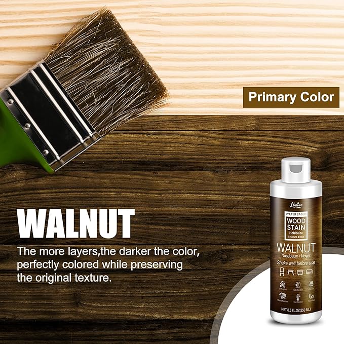 Water Based Wood Stain - Walnut |Wood Varnish for Indoor ＆ Outdoor Furniture, Wardrobe, Cabinets, Doors, Low Odor ＆ Non-Toxic, Fast Drying, Multiple Classical Finishes - 8.5fl.oz / 250ml