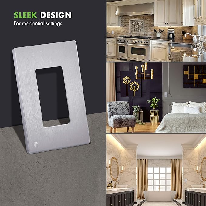 ENERLITES Elite Series Screwless Decorator Wall Plate Child Safe Outlet Cover, Gloss Finish, Size 1-Gang 4.68" H x 2.93" L, Unbreakable Polycarbonate Thermoplastic, SI8831-BSV, Brushed Silver