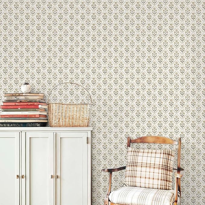 Dimoon 17.3''x393'' Peel and Stick Wallpaper Floral Beige Boho Neutral Cute Contact Paper Vintage Village Country Cottage Wallpaper Farmhouse Renter Friendly Geometry Waterproof Kitchen Bedroom