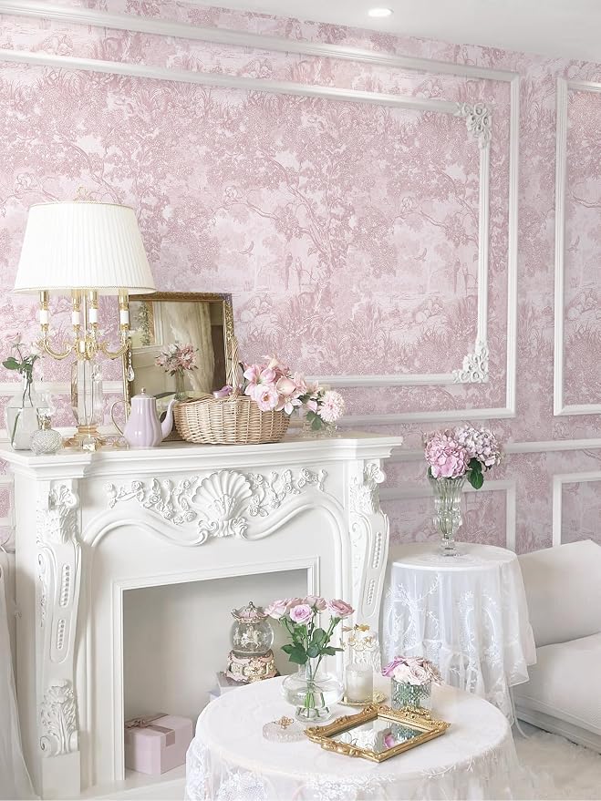 17.3" X 196.8" Peel and Stick Wallpaper Pink White Modern Toile Floral Wallpaper Renter Friendly Waterproof Removable Self Adhesive Wall Paper Bedroom Livingroom Cabinets Vinyl
