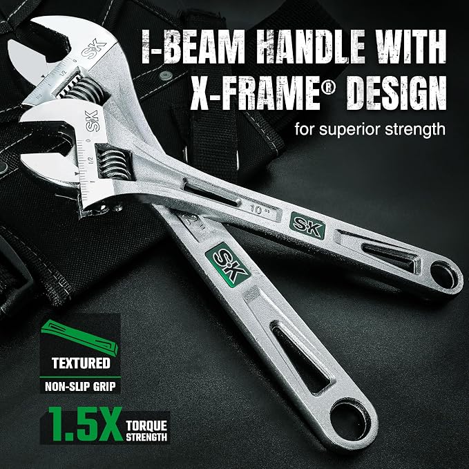 SK 12-Inch Adjustable Wrench, 1-9/16" Jaw Capacity, SAE&Metric Scales | X-Frame Handle, Precision Jaw, Heat Treated CR-V Steel, Chrome-Plated Rust Resistant Finish