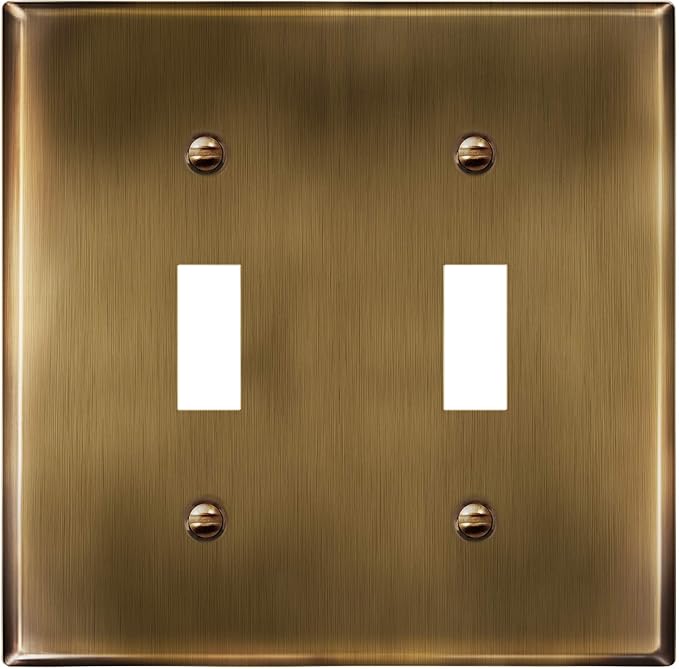 ENERLITES Double Toggle Light Switch Metal Cover Plate, Stainless Steel Wall Plate, Corrosion Resistant, Standard Size 2-Gang 4.50" x 4.57", Stainless Steel 201, 7712-AB, Antique Brass (Pack of 1)
