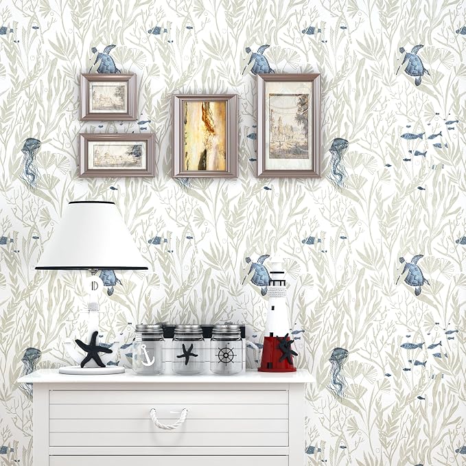 tiltil Coastal Peel and Stick Wallpaper Beige Contact Paper 17.3"×393" | Beach Self-Adhesive Wallpaper Removable Countertop Wall Paper Blue Ocean Wallpaper for Bathroom Waterproof Decor Vinyl Roll