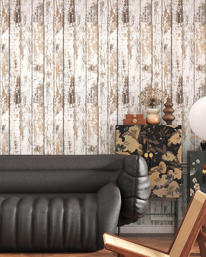 White and Brown Wood Wallpaper Vintage 17.3"x78.8" Distressed Light Wood Contact Paper Peel and Stick Wallpaper Self Adhesive Removable Wall Paper Shiplap Wood Grain Contact Paper for Cabinets Vinyl