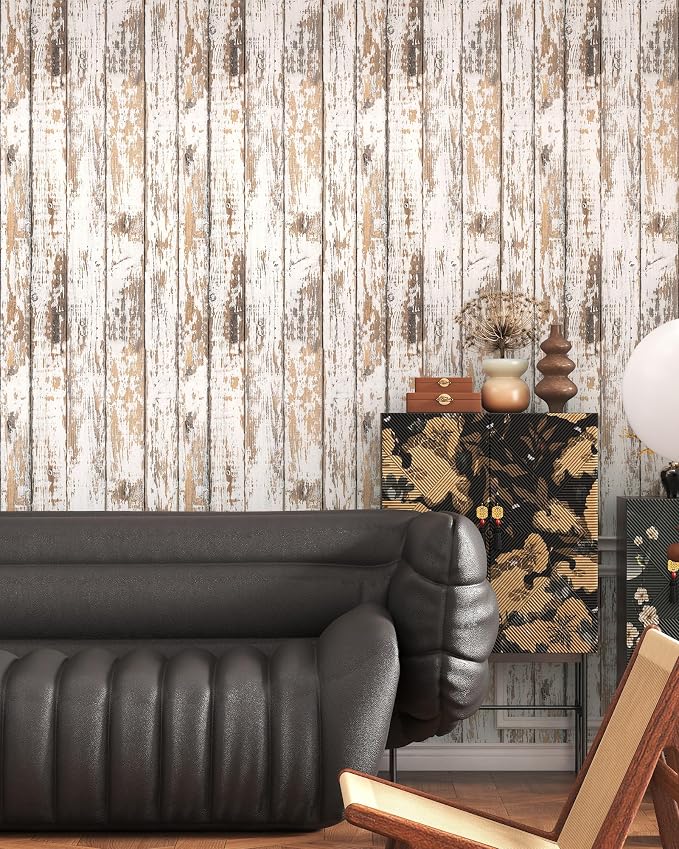 White and Brown Wood Wallpaper Vintage 17.3"x393" Distressed Light Wood Contact Paper Peel and Stick Wallpaper Self Adhesive Removable Wall Paper Shiplap Wood Grain Contact Paper for Cabinets Vinyl