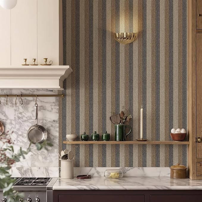 Simon&Siff Textured Fabric Wallpaper Peel and Stick 17.3"x400" Beige/Brown/Grey Stripes Printed Grasscloth Wall Paper Faux Linen Look Contact Paper Self-Adhesive Vinyl for Bedroon Accent Wall