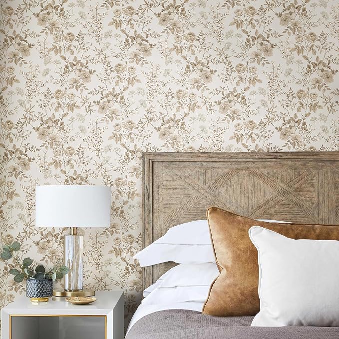 Erfoni 16.9" x197" Beige Floral Peel and Stick Wallpaper Boho Floral Leaf Contact Paper Boho Self Adhesive Wall Paper Flower DIY Removable Decoration Wallpaper for Livingroom Accent Wall Covering