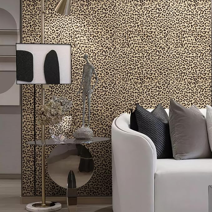 JiffDiff Leopard Print Peel and Stick Wallpaper, Waterproof Removable Self Adhesive Textured Wall Paper, Yellow Unique Funky Cheetah Contact Paper for Bedroom and Bathroom 800"X17.3"(96.2 sq. ft)
