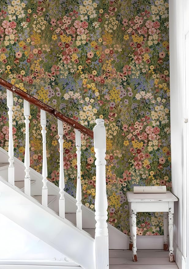Floral Wallpaper Peel and Stick Boho Wall Paper Removable Waterproof Green Petal Pattern Contact Paper for Bedroom, Bathroom, Home Wall 17.3" x 118"