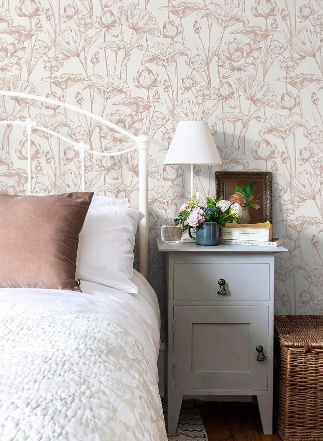 Timeet Floral Peel and Stick Wallpaper White and Pink Vintage Contact Paper 16" x 197" Lotus Self Adhesive Removable Wallpaper for Bedroom Bathroom Waterproof Decoration