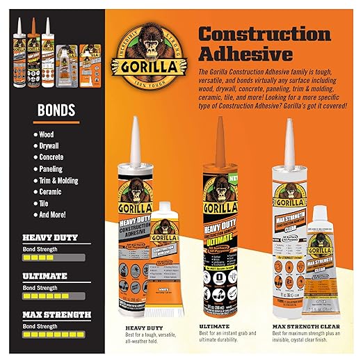 Gorilla Max Strength Construction Adhesive, Clear Glue, 2.5 Ounce Squeeze Tube (Pack of 2) - Gap Filling and Waterproof