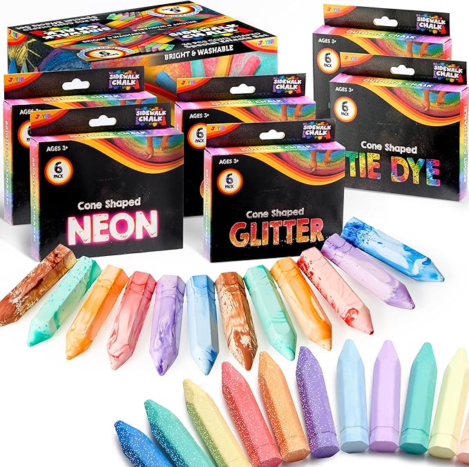 JOYIN 36 PCS Washable Sidewalk Chalk, 6 Packs Total, 3 Styles (Tie-Dye, Glitter & Neon), Outdoor Chalks for Painting, Drawing, Gifts for Kids