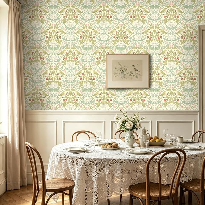 BOKEBEVE Bird Floral Wallpaper Peel Stick Beige Yellow Green 17.5 x 118In | Leaf Wall Paper Symmetry Contact Paper for Accent Walls Bedroom Removable Renter Friendly