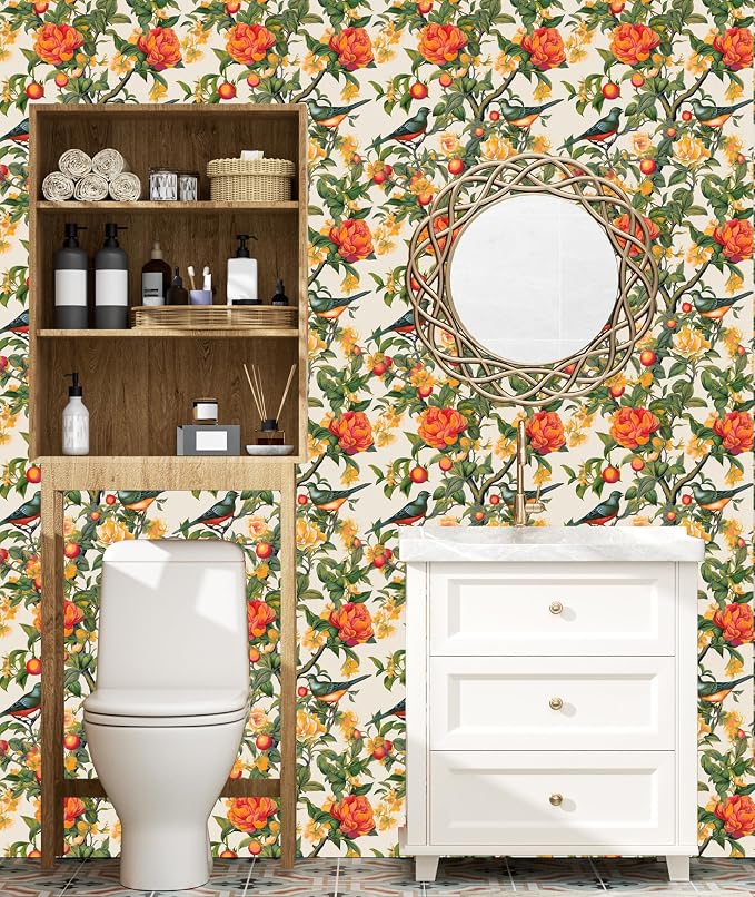 Danodoi Orange Vintage Bird and Stick Wallpaper 17.5" x 393" | Waterproof Vinyl Self Adhesive Removable Renter Friendly Floral Contact Paper
