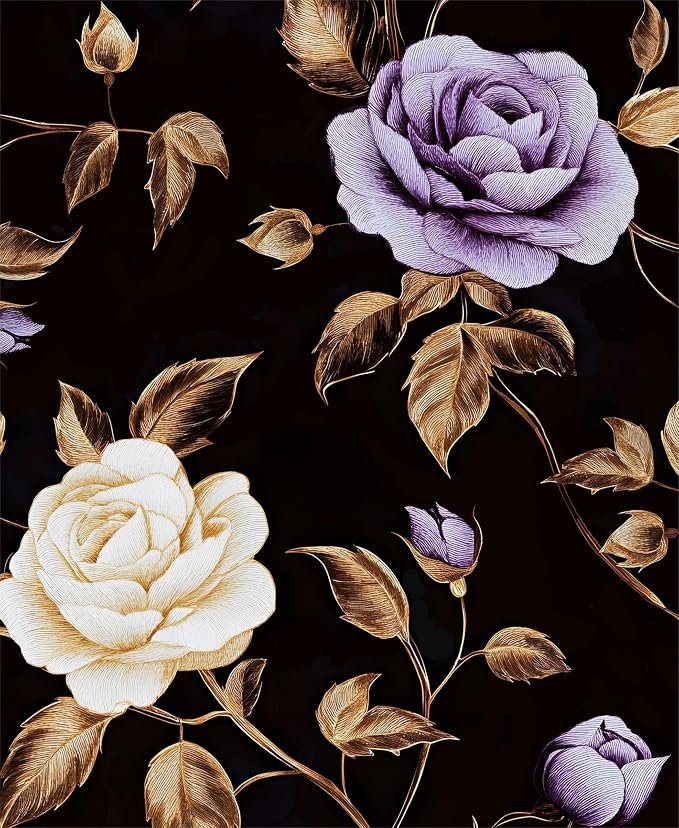Dark Purple Gold Rose Floral Wallpaper Peel and Stick 17.5''x393'' | Self Adhesive/Removable/Waterproof/Thick Vinyl Contact Paper for Bathroom Bedroom Shelf Cabinet Drawer,Prepasted,Easy Peel