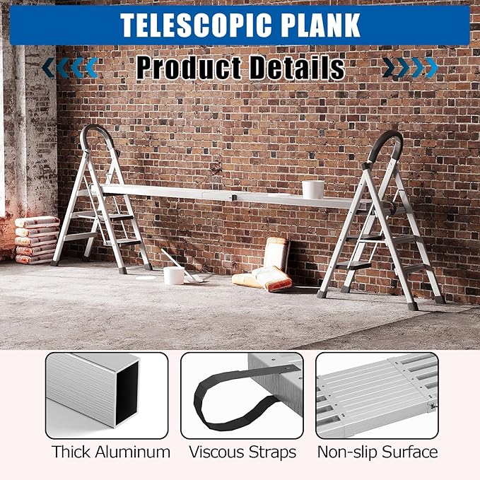 8-13ft Telescoping Plank, Aluminum Work Plank, 440 Lbs Load Capacity Extension Scaffolding Plank with Skid-Proof Platform Scaffold Ladder Accessory, 12.5 Inch Width, Silver