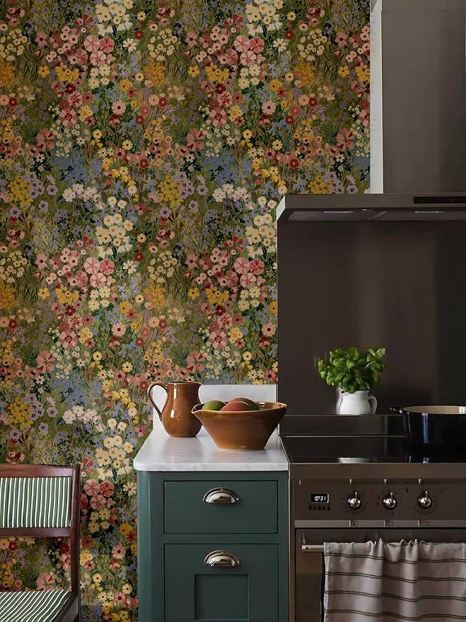 Floral Wallpaper Peel and Stick Boho Wall Paper Removable Waterproof Green Petal Pattern Contact Paper for Bedroom, Bathroom, Home Wall 17.3" x 393.7" | Vinyl Textured Stick on Wall paper DIY Self-adhesive Removable Waterproof Boho Green/Yellow/Pink fo...
