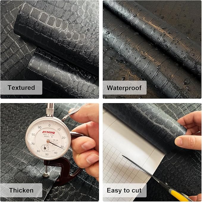 Zeeko Black Crocodile Peel and Stick Wallpaper 17.3" X 394" | Textured Embossed Contact Paper Removable WaterProof Self Adheisve Wall Paper for Cabinet Bedroom Bathroom
