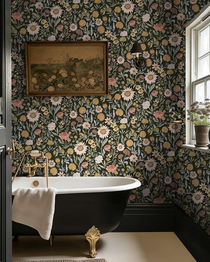 Dimoon Vintage Peel and Stick Wallpaper Boho Dark Floral Contact Paper 17.3''x385'' Retro Rustic Pink Removable Wall Paper Renter Friendly Texture Black Wallpaper for Bedroom Bathroom Cabinets Vinyl