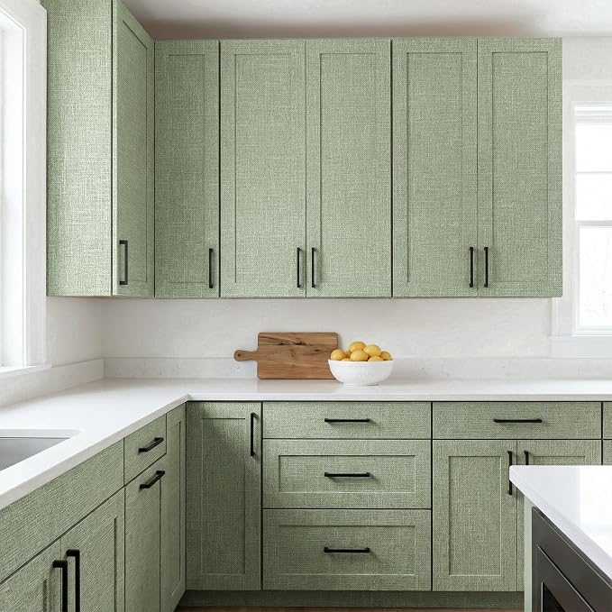 WADILE Grasscloth Peel and Stick Wallpaper 23.6 x 472 in Light Green | Textured contact paper, Faux linen, Vinyl material, Cabinets, Self adhesive