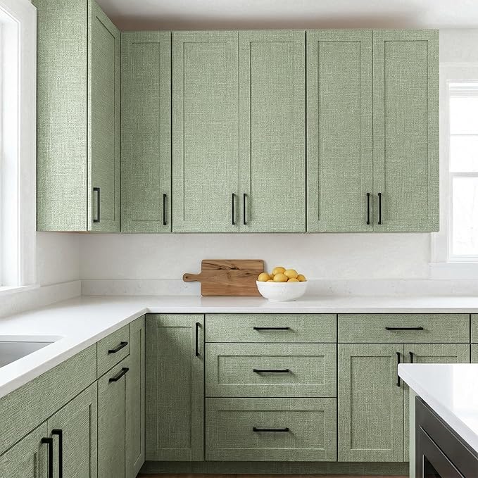 WADILE Grasscloth Peel and Stick Wallpaper 15.7in x 196.8in Light Green | Textured contact paper, Faux linen, Vinyl material, Cabinets, Self adhesive