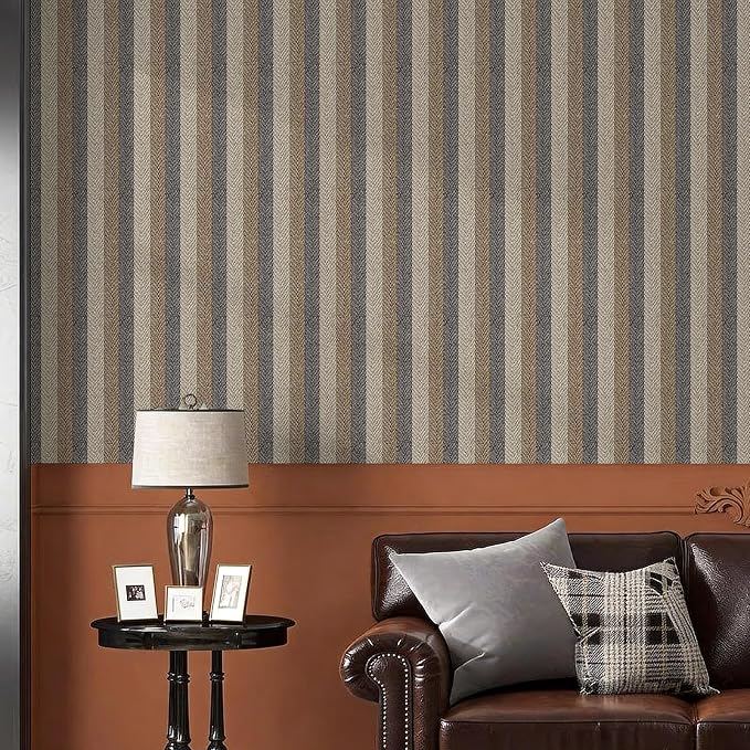 Simon&Siff Textured Fabric Wallpaper Peel and Stick Large Size 26"x400" Black/Brown/Grey Stripes Printed Grasscloth Look Wall Paper Faux Linen Contact Paper Self-Adhesive Vinyl for Bedroom Bathroom