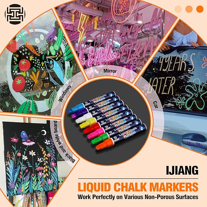 IJIANG Chalk Markers Neon 8 Colors, Jumbo Liquid Chalk Markers with 10mm 3-in-1 Tips Perfect for Blackboard Whiteboard Chalkboard and Window Cars Glass Mirror, Dry & Wet Erase Pens