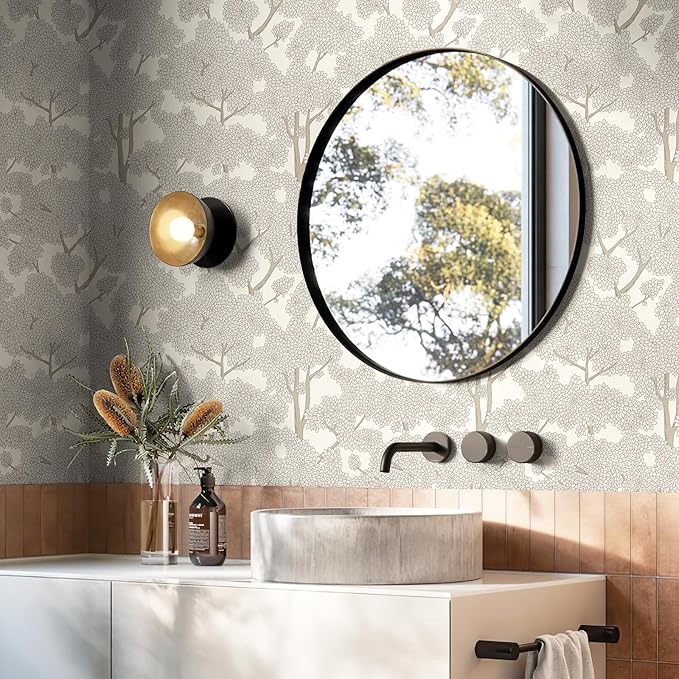 JiffDiff Tree Wallpaper Peel and Stick Jungle Wall Paper Forest Mural Stick on Wallpaper Modern Waterproof Self Adhesive Contact Paper (17.3" x 1200" Cream)