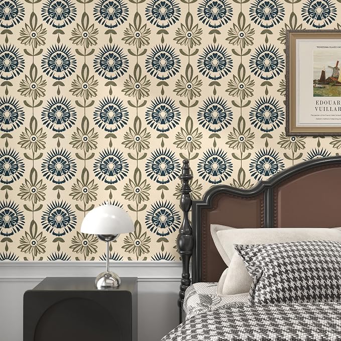 BOKEBEVE Boho Floral Peel and Stick Wallpaper Beige Blue 17.5 x 787In | Super Long Symmetry Contact Paper Modern Wall Paper for Bedroom Accent Walls Laundry Nursery Pantry Renter Friendly Removable