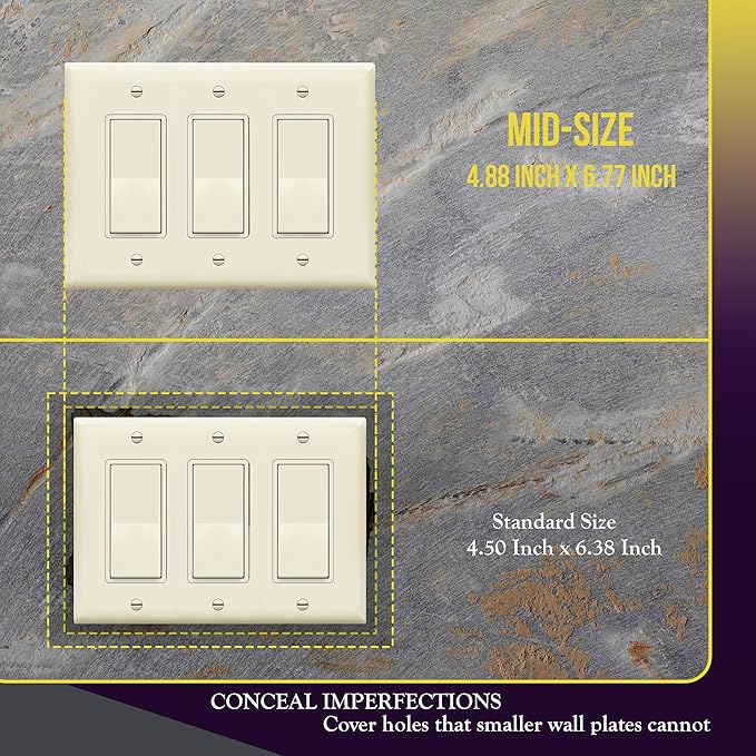 ENERLITES Triple Decorator Switch Cover, Three Gang Outlet Wall Plate, Gloss Finish, Mid-Size 3-Gang 4.88" x 6.77", Unbreakable Polycarbonate Thermoplastic, UL Listed, 8833M-LA, Light Almond