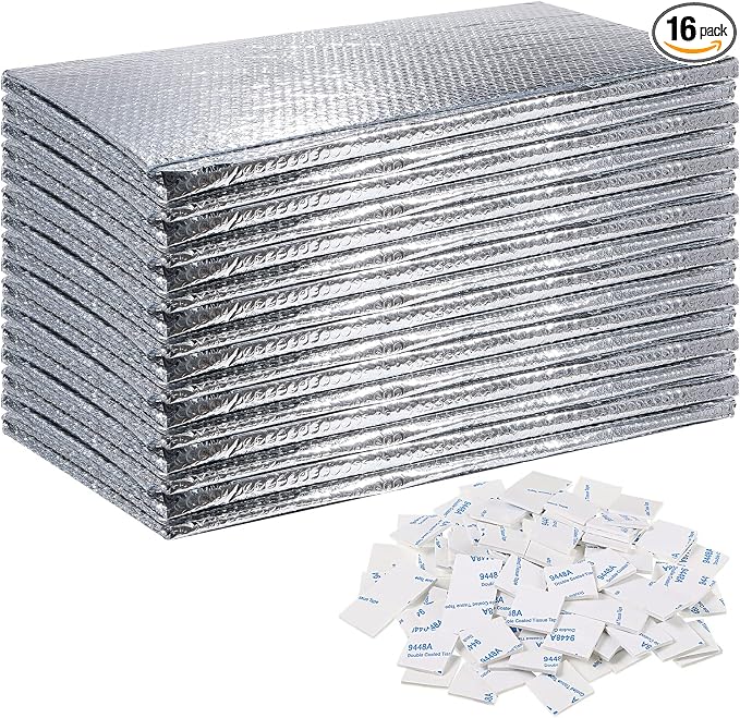 Gerrii 16 Pcs Garage Door Insulation Kit Double Bubble Insulation Panels Reflective Film Aluminum Radiant Barrier Thermal Shield with Adhesive Tape for Garage Greenhouse Attics Walls (24 x 54 Inch)