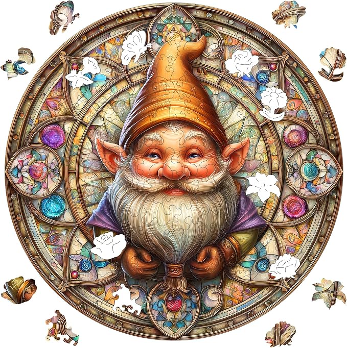 Pikoqunc Gnome Wooden Puzzle for Adults, Families & Friends – 500 Piece Round Wood Jigsaw with Unique Shapes, Perfect for Relaxation, Joy & Cozy Home Décor (16.5"x16.5")