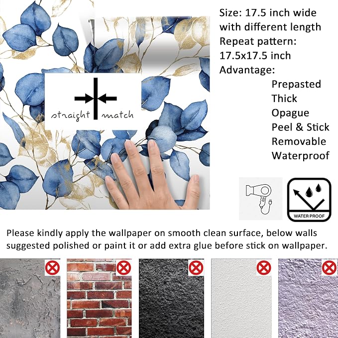 Livelynine Botanical Wallpaper Peel Stick Blue White Contact Paper 17.5x276 | botanical wallpaper navy blue gold and white watercolor eucalyptus leaf self adhesive contact paper decorative 17.5x78.8"