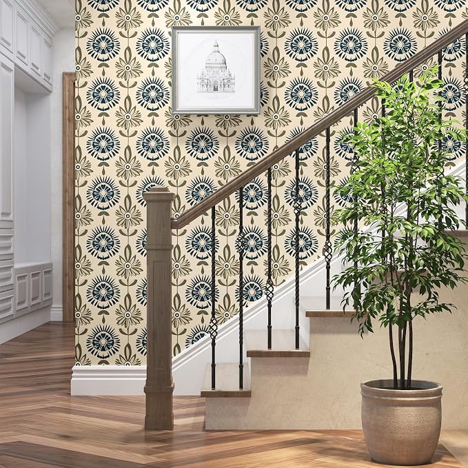 BOKEBEVE Boho Floral Peel and Stick Wallpaper Beige Blue 17.5 x 787In | Super Long Symmetry Contact Paper Modern Wall Paper for Bedroom Accent Walls Laundry Nursery Pantry Renter Friendly Removable