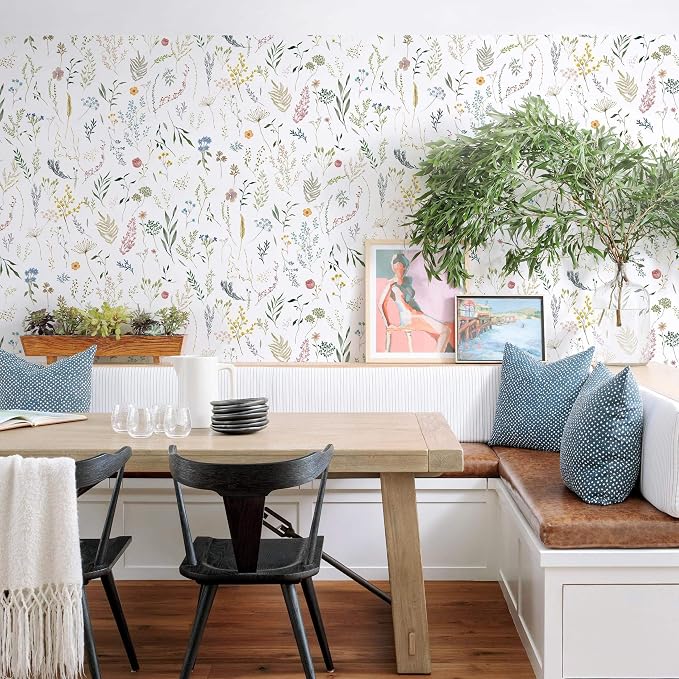 Dimoon 787"x16.1" Floral Peel and Stick Wallpaper White Contact Paper Thicken Wallpaper Delicate Flower Waterproof Green Leaf White Self Adhesive Removable Wall Paper Shelf Liner Decal Vinyl Roll