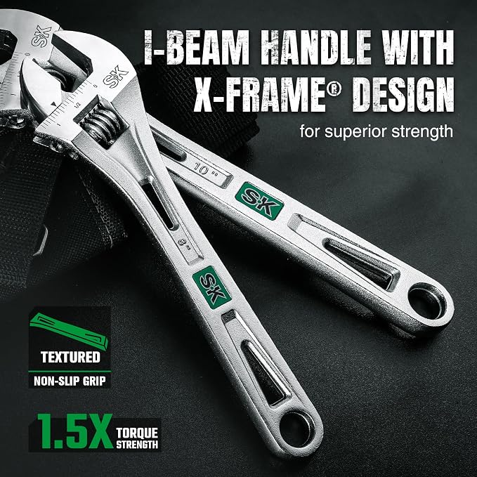 SK 3-Piece Adjustable Wrench Set, 6", 8", 10", SAE & Metric Scales | X-Frame Handle, Precision Jaw, Heat Treated CR-V Steel, Chrome-Plated Rust Resistant Finish