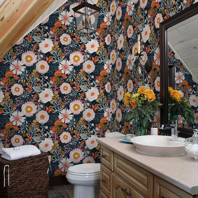 Dimoon 394"x17.3" Pink Orange Vibrant Floral Contact Paper Peel and Stick Wallpaper Boho Contact Paper Wallpaper