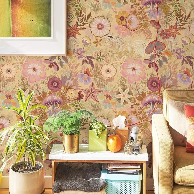 Ismoon Vintage Floral Peel and Stick Wallpaper Deep Beige Pink Contact Paper Jellyfish Starfish Stick on Wall Paper Removable Self Adhesive Vinyl Wallpaper for Bedroom Wall Cabinet Decor 17.3x78.7in