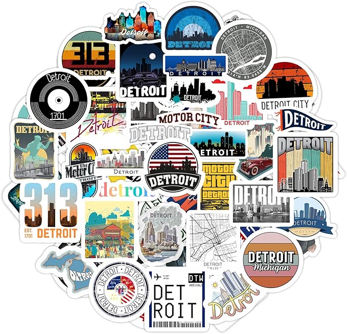BulbaCraft Detroit Stickers for Water Bottle and Laptop - Detroit Party Supplies & Decorations, Waterproof Vinyl Decals, City and Landmark Stickers, Gifts for Women & Men