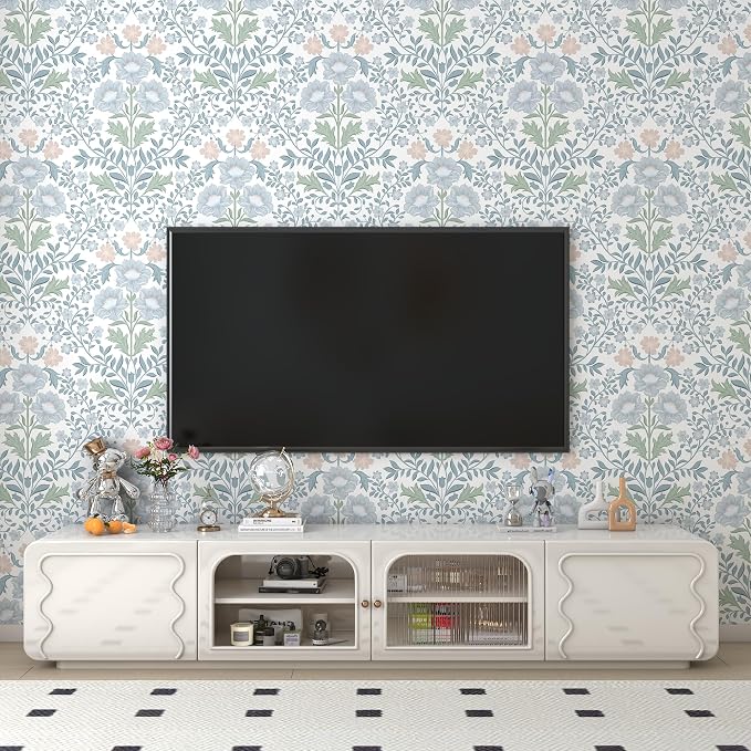 PeonyQueen Floral Peel and Stick Wallpaper 17.3"x197" Boho Contact Paper | Self Adhesive Removable Wall Paper for Bathroom Bedroom Blue and White Wildflower Wallpapers for Walls Home Decorate Vinyl