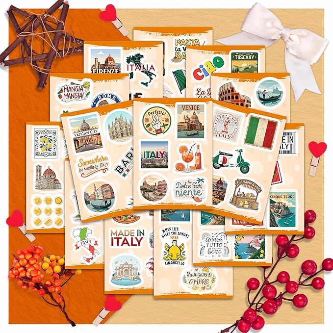 100Pcs Italy Stickers for Scrapbooking, for Luggage, for Water Bottle - Italian Stickers and Decals - Italy Party F avors - Gift for Women & Men