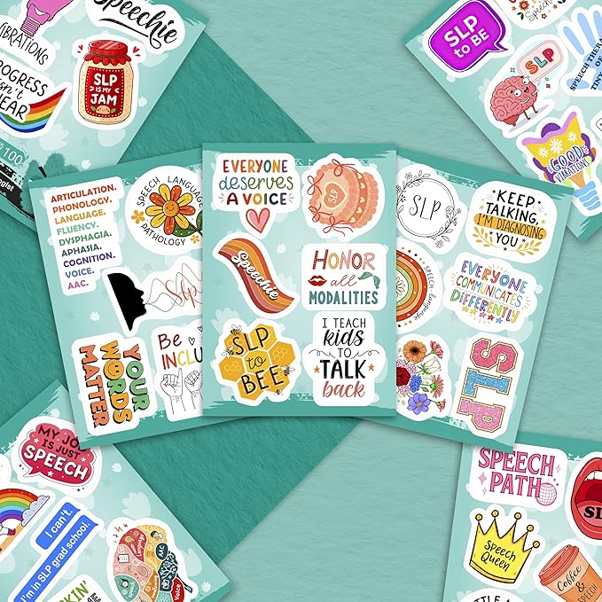 100Pcs SLP Stickers for Water Bottle, Laptop – Speech Therapy Stickers and Decals – SLP Gifts - Funy Speach Therapy Party Supplies - Gifts for Men & Women