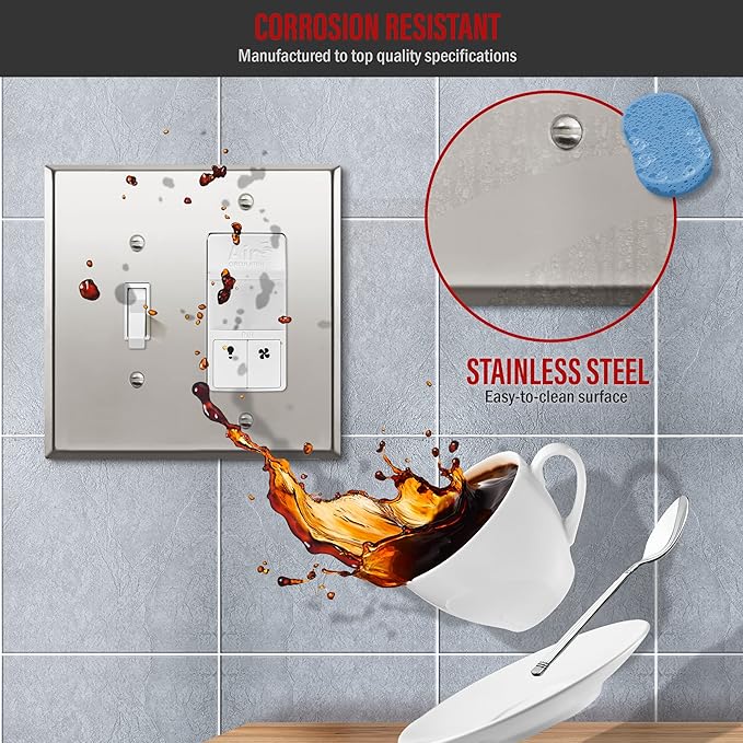 ENERLITES Combination Toggle Switch and DecoratorReceptacle Metal Wall Plate, Stainless Steel 201 Outlet Cover, Corrosion-Resistant, Mid-Size 2-Gang 4.88" x 4.92", 771131M-PC, Polished Chrome