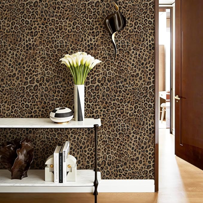 Upgrade Brown Leopard Print Peel and Stick Wallpaper, 17.3" x 400" | Waterproof Removable Self Adhesive Wallpaper, Unique Funky Cheetah Contact Paper for Bedroom, Bathroom, Decor,48.1 sq.