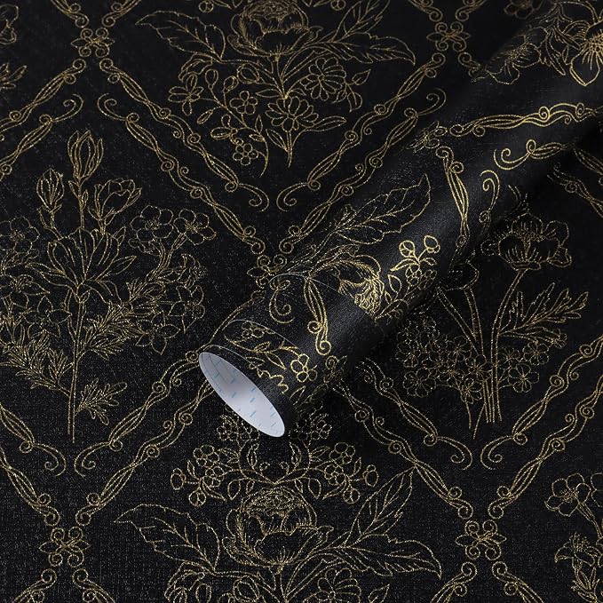 Toduso Peel and Stick Wallpaper Vintage Wall Paper Boho Contact Paper Black and Gold Floral Removable Wallpaper for Bathroom Bedroom Flower Waterproof Self Adhesive Vinyl Drawer Decor 17.3"x196.8"
