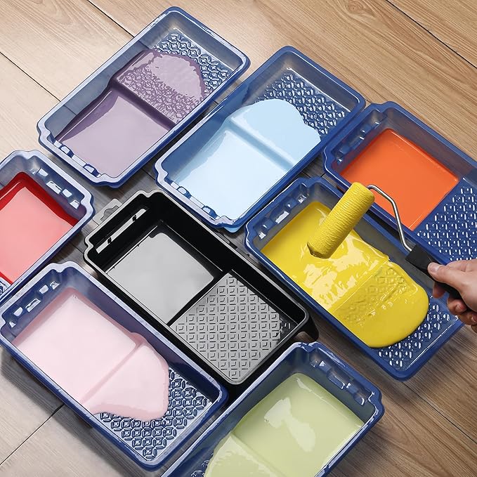 Bates- 4 Inch Paint Tray Set, 22 pcs, 1x 4 Inch Paint Roller Tray, 20x Disposable Plastic Liners & 1x Roller Frame, Black & Blue