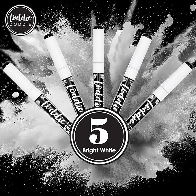 Loddie Doddie Liquid Chalk Markers - Pack of 5, 1 mm Tip, White - Fine Tip Chalk Pen for Glass Surfaces - Washable Car Window Markers - Erasable Ink for Chalkboard Calendar