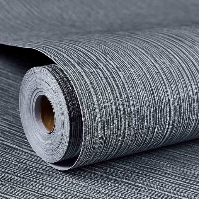 Haimin Grasscloth Wallpaper Textured 24in X 393in Fabric Contact Paper Gray Wall Paper Textured Linen Wallpaper Peel and Stick Self-Adhesive Thick Vinyl Embossed Film Wallpaper (Gray)
