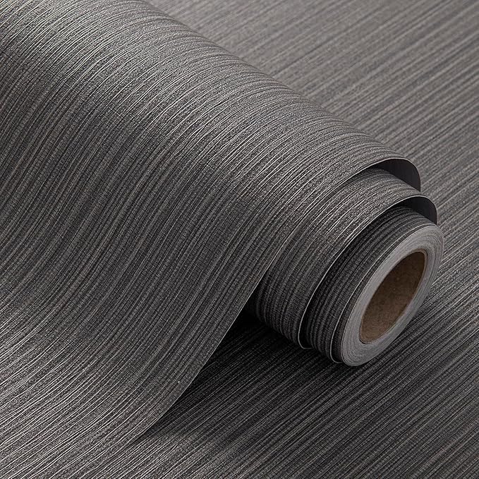Black Grasscloth Peel and Stick Wallpaper Linen Textured 23.6"x787" Faux Grassweave Upgraded Thick Extra Large Self-Adhesive Neutral Contact Paper Vinyl Roll for Home Use